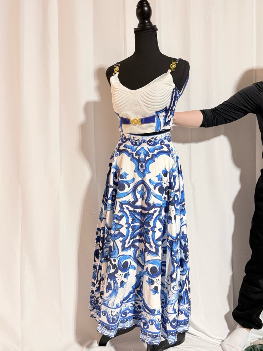 White and Blue Printed Maxi Dress with Sculpted Bodice